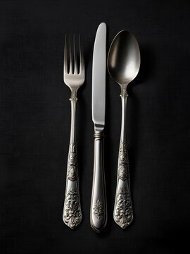 Vintage cutlery over dark background. Old tablespoon and fork on linen napkin over black table. Top view or flat-lay. Copy space for text.