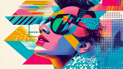 Abstract Portrait: Geometric Glamour with Retro Shades, a bold, artistic profile with striking shapes, vibrant colors, and nostalgic eyewear