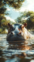 Fototapeta premium Hippo swimming in a river during daylight with trees in the background creating a serene atmosphere