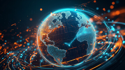 Digital Earth with Glowing Data Streams. Futuristic 3D Earth globe surrounded by digital data streams and glowing lines. Represents global communication and connectivity.
