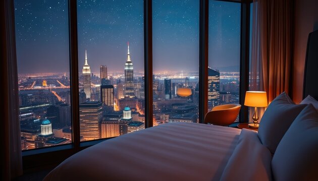 a luxurious city hotel suite, with an intimate balcony providing a spectacular night view of the skyline