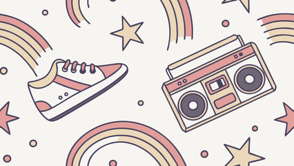 Vaporwave-inspired retro pattern with sneakers and cassette