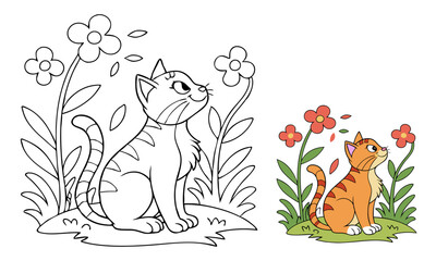 cat and flowers, coloring page 