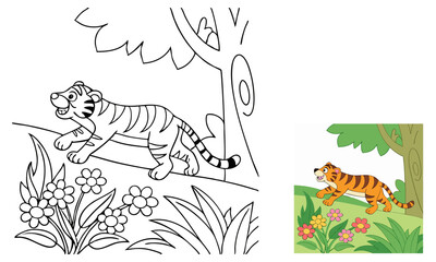Naklejka premium tiger in the jungle, coloring page 