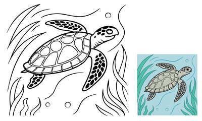 turtle and fish, coloring page 