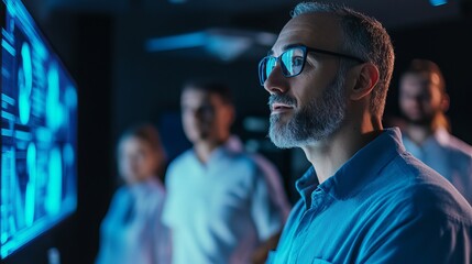 Serious Man Analyzing Blue Digital Data Screen Technology Information Professional Team Business Research Development Modern Workplace Futuristic     