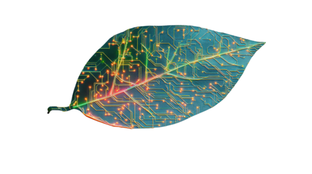 Green leaf showing printed circuit board with transparent background representing bio technology