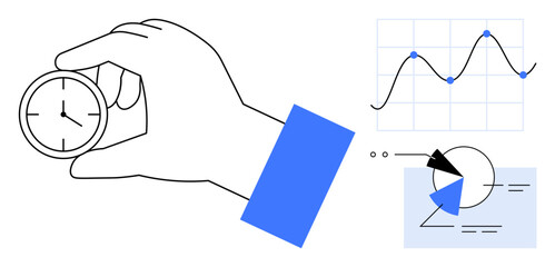 Hand holding clock alongside line graph, pie chart, and diagram, symbolizing time management, productivity, data analysis, strategy, planning efficiency and research. Ideal for teamwork