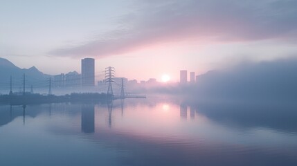 Obraz premium Misty Sunrise Cityscape Reflection