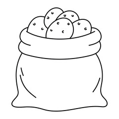 Bag of potatoes vector illustration. Sack filled with fresh potatoes in doodle style. Black line art isolated on white background.