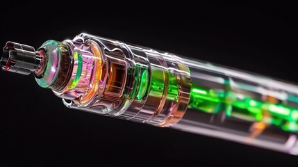 Futuristic Transparent Device:  A Close-Up of Intricate Internal Mechanisms with Vibrant Green and Orange Hues