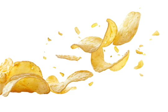Delicious sea salt and vinegar potato chips in a dynamic falling motion isolated on transparent background