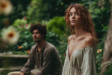 Naklejka premium A young woman with red hair and a man with curly hair in a lush garden setting.