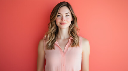 Obraz premium A woman in her late 20s standing with a proud posture, highlighting her sculpted physique in a sleeveless shirt, against a solid coral background