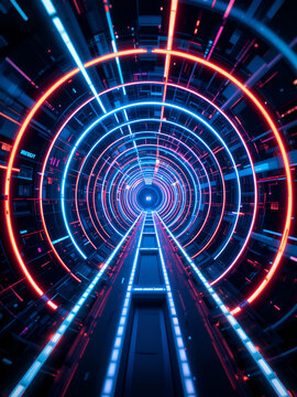 Abstract background flight through neon light wormhole subspace tunnel loop
