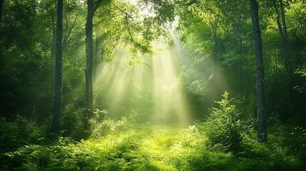 Fototapeta premium Photorealistic forest with soft morning mist, peaceful and calm, high-resolution and artistic nature photography
