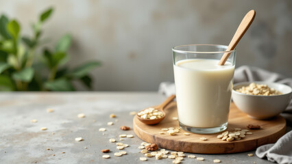 Obraz premium A glass of milk with a straw and some granola scattered around on a table.