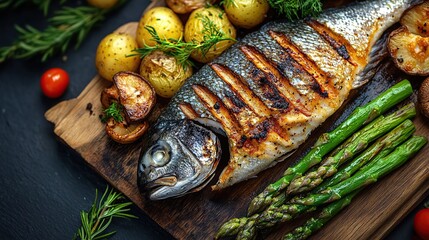 Grilled seafood featuring grilled fish with tomatoes and asparagus, a healthy and delicious dish on a wooden tray