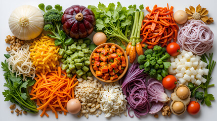 Colorful variety of ingredients commonly used in Asian cuisine for making healthy and flavorful meals.