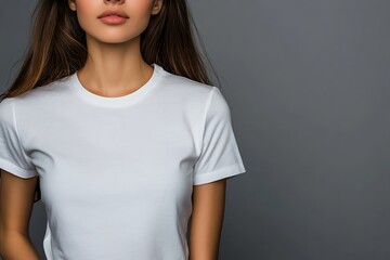 Obraz premium Indian lady in white tee on gray backdrop with space 