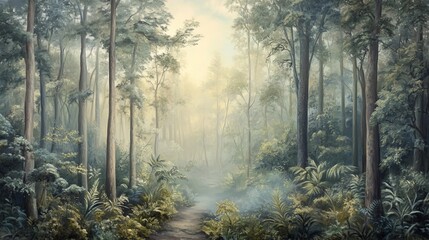 Obraz premium Photorealistic forest with soft morning mist, peaceful and calm, high-resolution and artistic nature photography