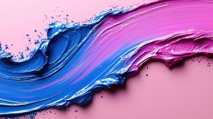 Vivid, textured paint strokes of blue and pink on a solid background
