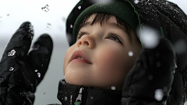 A young child is looking up at falling snowflakes with joy