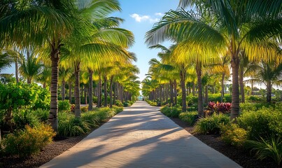 Obraz premium Tropical path lined with palm trees leading to a distant horizon bathed in sunlight