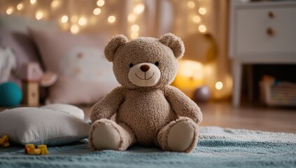 Soft plush teddy bear sitting on a cozy bed in a warm and inviting children's room with fairy lights and decorative pillows creating a comfortable atmosphere