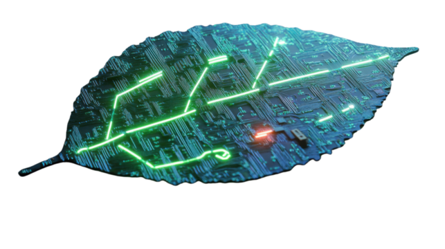Green leaf shaped printed circuit board with glowing circuits on transparent background