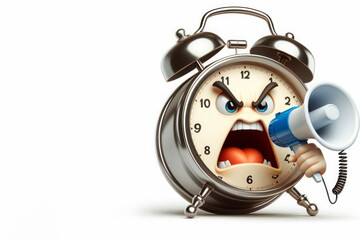 Alarm clock with angry face and megaphone. Space for text.