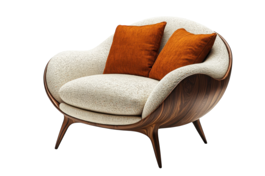 Modern armchair design featuring warm tones and smooth curves suitable for contemporary interiors