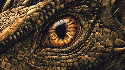 Close up vector of a dinosaur's eye with intricate details and a mysterious gaze
