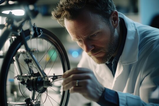 A scientist meticulously examines and repairs the rear wheel mechanism of a bicycle in a laboratory setting.