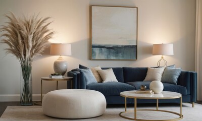 Elegant Interior Design Featuring Blue Velvet Sofa and Pampas Grass Decor