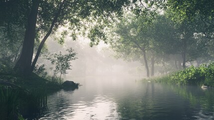Obraz premium Photorealistic forest with soft morning mist, peaceful and calm, high-resolution and artistic nature photography