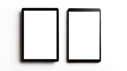 Fototapeta premium Digital Canvas: Two sleek black tablets with blank screens stand side-by-side, inviting viewers to project their ideas. The image has a minimalist aesthetic, ideal for any design.
