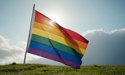 Vibrant rainbow flag waving proudly against a serene sky backdrop