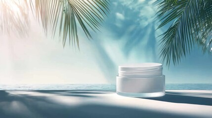 Obraz premium Tropical Beach Cream Jar Mockup: Summer Skincare Product on Sandy Shore with Palm Trees and Ocean Background
