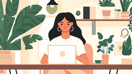 Young Woman Working on Laptop in Cozy Home Office Environment