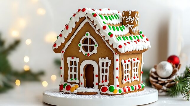 Gingerbread house with festive decor on display