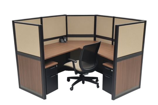 Modern office cubicle design with ergonomic chair and storage units in a corporate workspace - Powered by Adobe