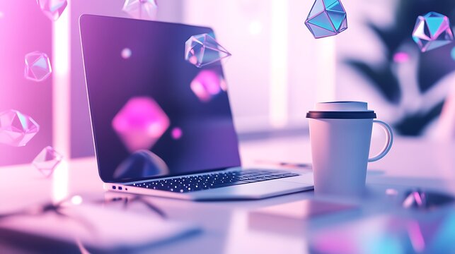 A laptop and a mug are beside geometric abstract shapes