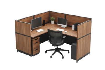 Modern corner office workspace featuring two monitors, a chair, and wooden paneling with storage