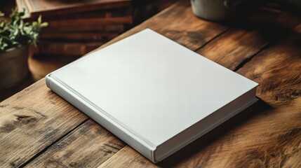 Fototapeta premium The Novel's Promise: An inviting, blank book rests on a weathered, textured wooden surface, beckoning with possibilities of untold stories, intellectual exploration and reading pleasure.