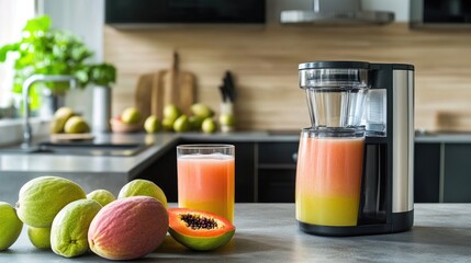 Fototapeta premium Freshly Made Papaya Juice with a Modern Blender and a Bright Kitchen Background