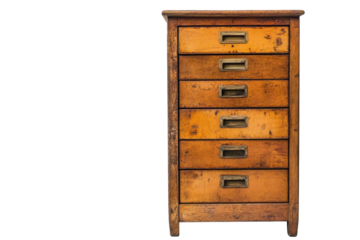 Vintage wooden drawer cabinet with worn orange finish and brass handles for storage or display purposes in home decor