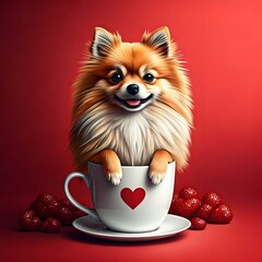 Digital matte picture with a small Spitz dog sitting in a cup with hearts. Valentine's Day theme The picture is drawn in a pop art style.