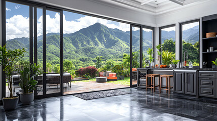 A modern kitchen interior with a mountain view backdrop