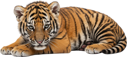 Tiger Cub: A captivating view of a vibrant tiger cub, showcasing its striking orange and black stripes and endearing gaze, symbolizing wildlife beauty.